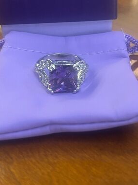 NWT PalmBeach Jewelry Amethyst CZ Cocktail Ring Silver Tone with Gift Box